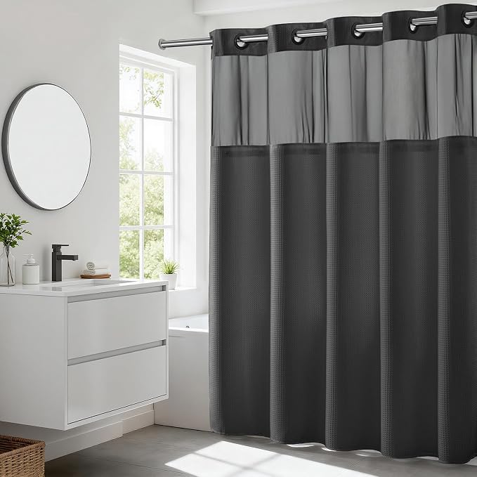 River Dream Heavyweight No Hooks Required Dotted Waffle Weave Shower Curtain with Snap in Liner - 71W x 74H,Hotel Grade,Spa Like Bath Curtain,Graphite Grey