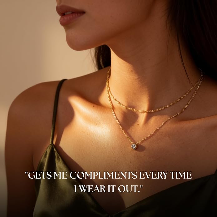 Galis Dainty Necklace - Silver, Gold Plated 18" Choker for Women with Dainty Small Round Faux Diamond Necklace Pendant, Necklaces Women with CZ Solitaire Lobster Clasp, Minimalist Gift