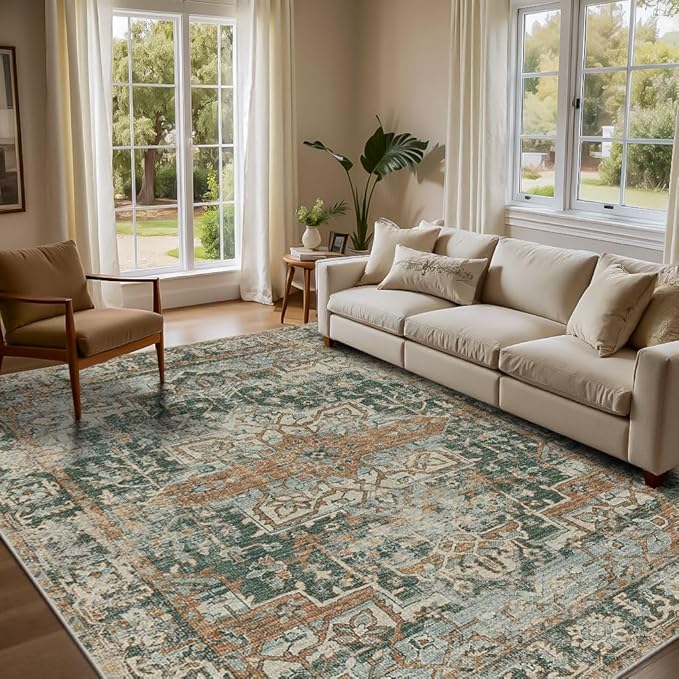 Rugxara Area Rugs 5x7 Washable Rug for Living Room Bedroom, Green/Brown | Non Slip, Rug for Dining Room Office Farmhouse, Stain Resistant, Soft, Vintage Boho Retro Carpet, Low Pile, Home Decor