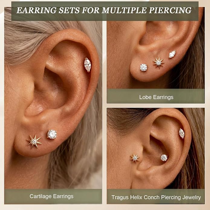 3 Pairs 20G Flat Back Earrings, G23 Titanium Hypoallergenic CZ Studs, 14K Gold Cartilage Helix Tragus Conch Piercing Jewelry for Women
