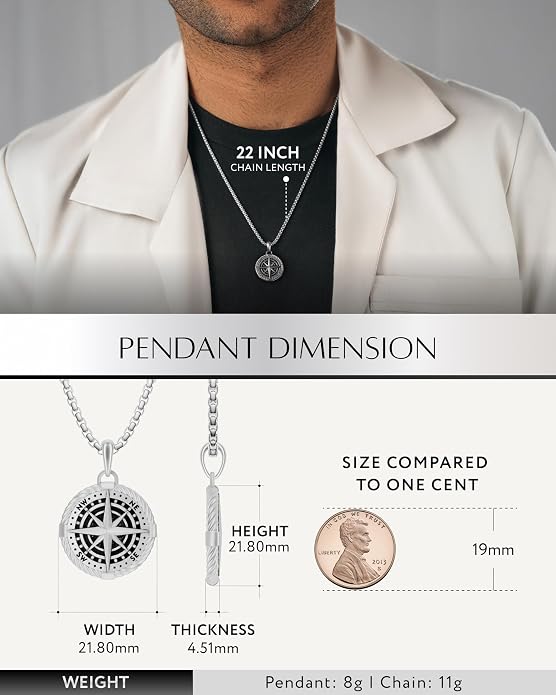 RTZN® Pendant Necklace for Men – Premium Stainless Steel Silver Pendant Necklace with 22" Chain – Waterproof & Non-Tarnish Small Pendants for Men – Bold Symbols of Strength & Legacy