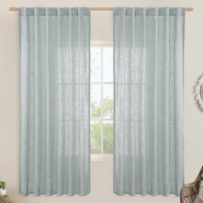 LAMIT Linen Blended Curtains for Bedroom, Faux Linen Textured Light Filtering Drapes Back Tab and Rod Pocket Boho Burlap Panels for Farmhouse/Living Room, 2 Panels, 52 x 72 Inch, Greyish Blue