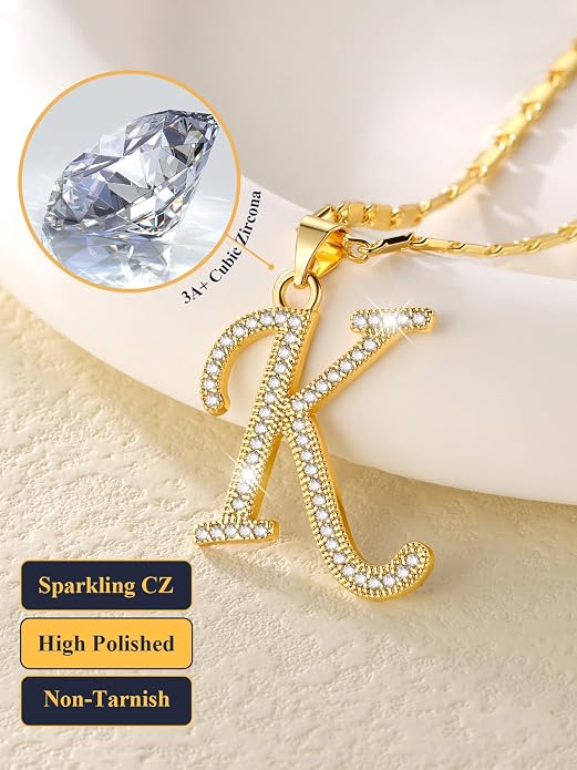 U7 Initial Necklace for Women, Gold/Platinum Plated CZ Crystal Letter A-Z Pendant Necklace, Shiny 20 Inch Name Chain Dainty Personalized Jewelry for Men Mom Wife Friend