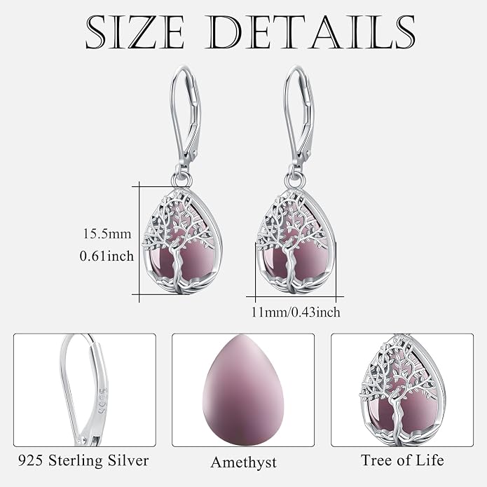 Odinstone 925 Sterling Silver Earrings Tree of Life Teardrop Moonstone Dangle Drop Leverback Earrings for Women