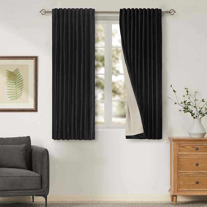100% Blackout Black Velvet Curtains 63 inches for Living Room,2 Panels Rod Pocket Back Tab Thermal Insulated Room Darkening Curtain with Liner Heavy Noice Reducing Soundproof Window Drapes for Bedroom