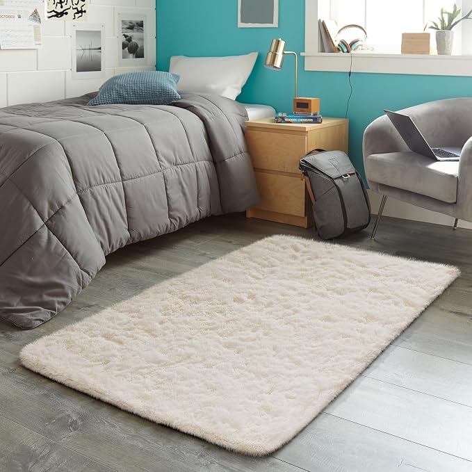Ophanie 3x5 Rug, Bedside Preppy Dorm Area Rug, College Essentials Non Slip Ivory Small Carpets for Bedroom, Anti Slip Fluffy Living Room Rugs Home Decor with Over 99 pcs Pile fibers