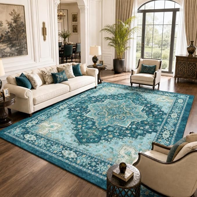 AMADA HOMEFURNISHING 9x12 Area Rug for Living Room, Vintage Washable Area Rug Low-Pile & Non-Slip Carpet for Bedroom Dining Room Nursery Home Office, Teal Blue