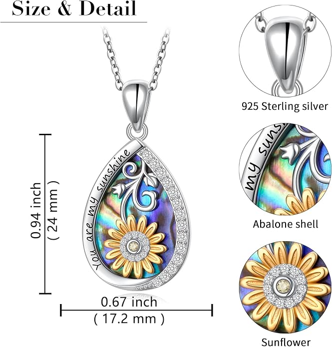 DAOCHONG 925 Sterling Silver Filigree Moonstone Sunflower Necklace Celtic Teardrop Abalone Shell Jewelry for Women Birthday Christmas Anniversary
