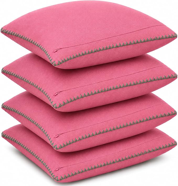 LFH Home Baby Pink Cotton Rich Throw Pillow Covers 18x18 Set of 4, Decorative Cushion Covers with Blanket Stitch Edge, Farmhouse Accent Pillow Cases for Sofa Couch Bed Living Room, 18 x 18 Inch