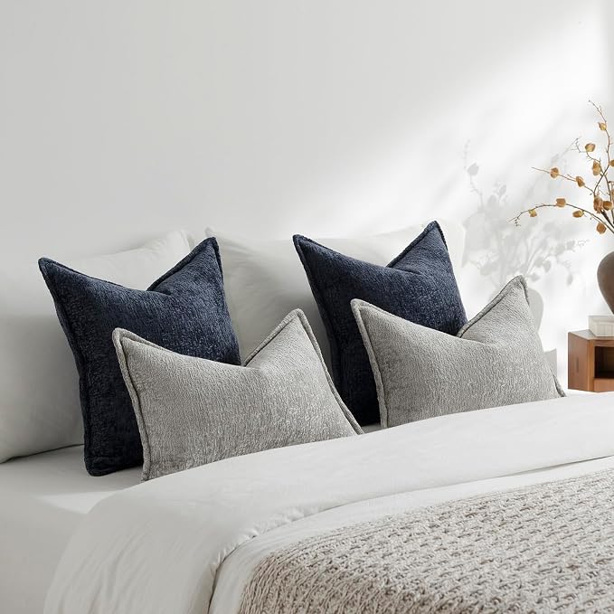 DEZENE Pack of 2 Navy Decorative Throw Pillow Covers 16x16 Cozy Soft Chenille Accent Vintage Square Couch Pillow Covers for Home Decor Bed Sofa Living Room