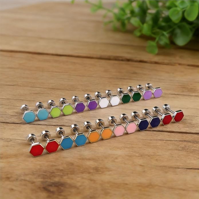 JMLOON 12 Pairs Enamel Flat Back Stud Earrings Surgical Stainless Steel Round Heart Star Square Hexagon Screw Back Stud Earrings