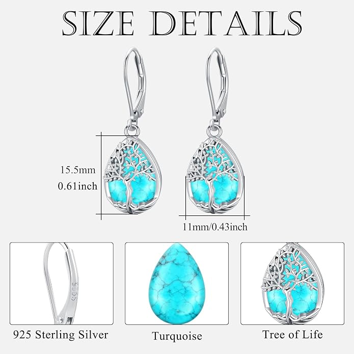 Odinstone 925 Sterling Silver Earrings Tree of Life Teardrop Moonstone Dangle Drop Leverback Earrings for Women
