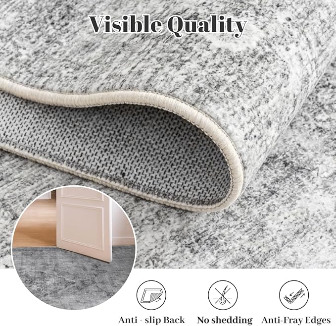 Homemate Washable Rug 3x5 Area Rugs - Vintage Faux Wool Rugs for Living Room Bedroom Dining Room - Non Slip Foldable Carpet Indoor Area Rug for Home Decor（3'x5', Grey