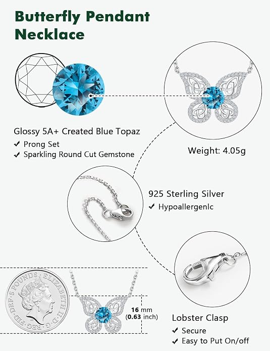 925 Sterling Silver Birthstone Necklaces for Women, Dainty Cute Dragonfly/Butterfly Pendant Necklace, Great Christmas/Anniversary Jewelry for Mother