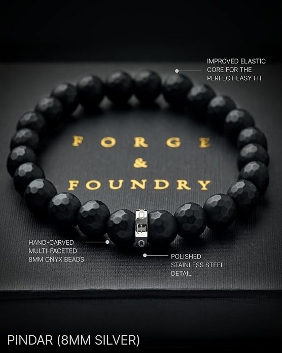 Forge & Foundry Faceted Matte Black Onyx Stone Beaded Bracelet | Custom Signature Stainless Steel Bead | ‘Pindar’ | 8mm and 10mm Bead Desgins | Refined Hand-Crafted Jewelry