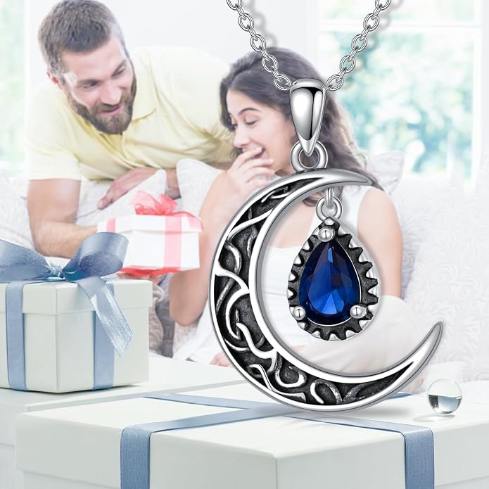 VONALA Crescent Moon Necklace Sterling Silver Emerald/Red/Purple/Black/Rainbow Topaz/Green/Aquamarine/Blue/Moss Agate Celtic Moon Teardrop Necklace Celtic Jewelry Gifts for Women Birthday