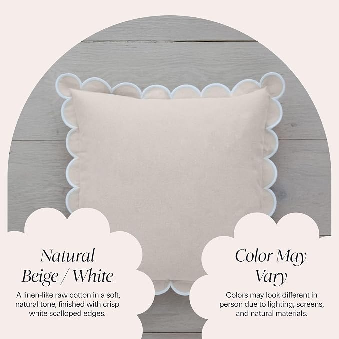 BEBE BASK Scalloped Pillow Cover - Set of 2 - 18 x 18 Inch - Scallop Pillow Cover Natural/White/Beige - 100% Cotton - Grandmillennial Style
