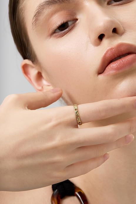 FRUMOS Gold Rings for Women,14K Gold Stacking Rings,Dainty Chunky Bamboo Heart Hammered Two Row Rings for Women Size 6/7/8/9
