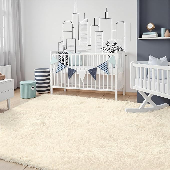8x10 Area Rug for Living Room, Ultra Soft Fluffy Shag Rugs for Bedroom, Non-Slip Large Fuzzy Plush Rug Indoor Floor Carpet for Nursery Kids Office Dorm Modern Decor, Cream White