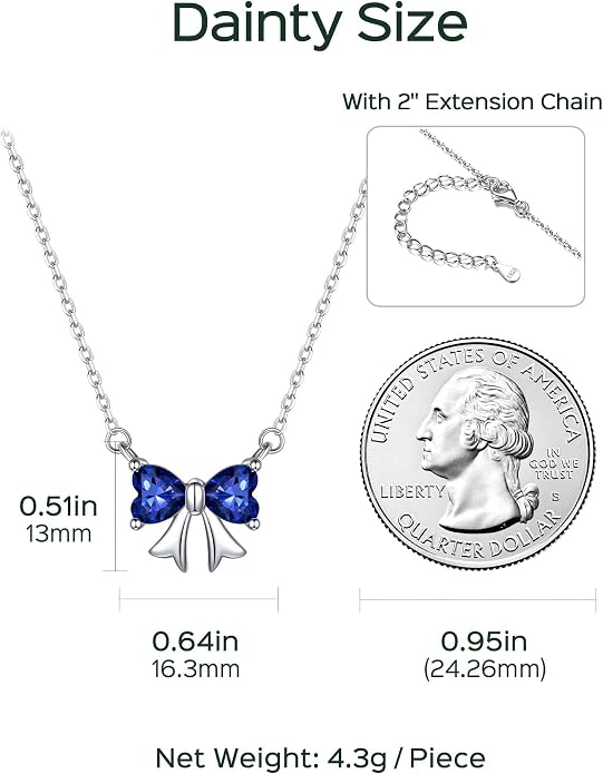ChicSilver Bow and Cat Birthstone Necklace, 925 Sterling Silver Pendant Necklaces for Women, Hypoallergenic Silver Choker with 16 inch Rolo Chain, 12 Months Jewelry for Valentines Mothers Day Christmas