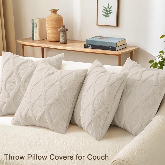 decorUhome Set of 4 Faux Fur Beige Throw Pillow Covers 18x18 | Neutral Decorative Soft Plush Couch Pillow Covers, Farmhouse Pillow Cases for Living Room Bed Sofa