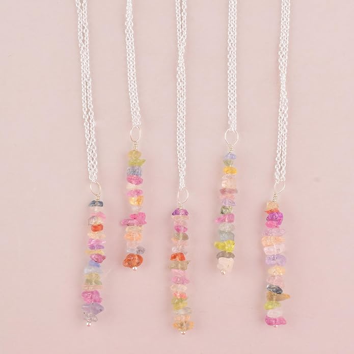 Natural Raw Multi Sapphire Stone Rough Crystal Gemstone Dainty Women Pendant Necklace, Chakra Healing Crystals, Birthstone, Gift, 925 Sterling Silver Chain 18 inch (multi-sapphire)