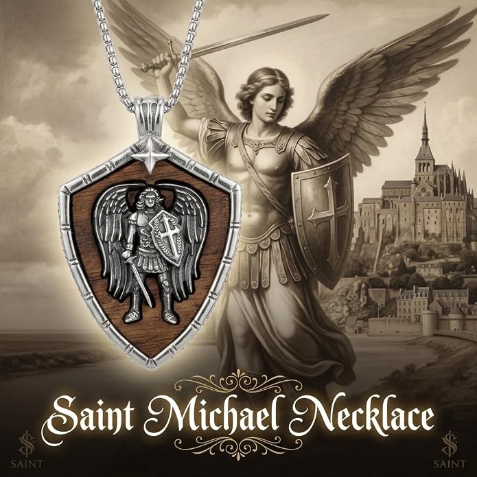 ONEFINITY Wooden Necklace Viking Wolf/St Benedict Medals/St Michael/Crucifix/St Christopher Pendant Necklace for Men Archangel Amulet Wooden Religious Jewelry Gifts for Men Women