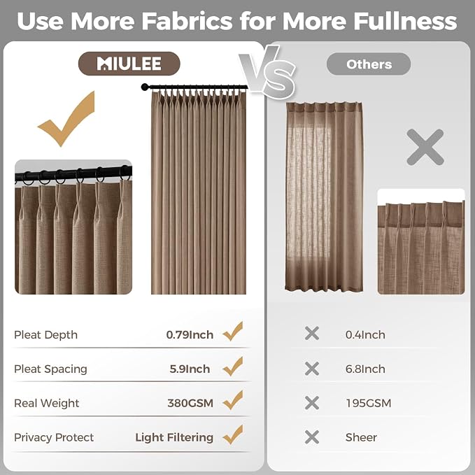 MIULEE 4 Panels Set Pinch Pleated Linen Curtains 84 Inches Long for Living Room Bedroom, Thick Linen Memory Trained Drapes Pleat Back Tab Light Filtering Linen Brown Window Curtains with Hooks