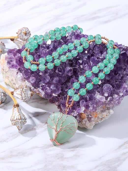 Top Plaza Healing Crystal Amethyst Necklace Natural Stone Beads Life Tree Wire Wrapped Teardrop Gemstone Pendant Jewelry for Women Mom