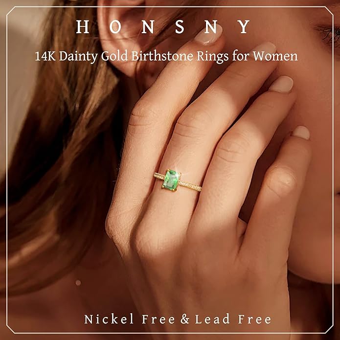 Honsny Gold Birthstone Rings for Women Non Tarnish 14K Gold Plated Emerald Engagement Promise Rings CZ Stackable Dainty Gemstone Pinky Eternity Band Ring Jewelry Birthday Graduation Gifts