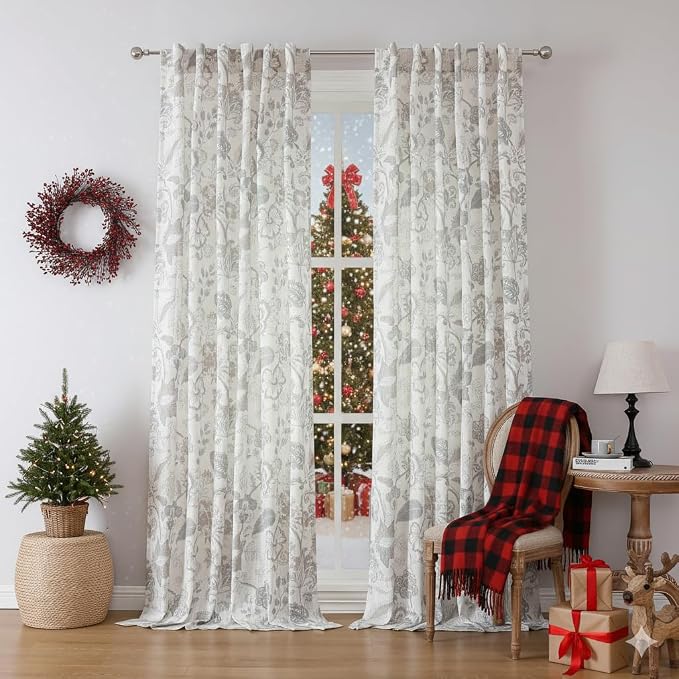Kayne Studio Botanical Print Semi Sheer Curtains, Linen Grey Floral Leaf Farmhouse Curtains for Bedroom Living Room, Linen Curtain Light Filtering Drapes, Rod Pocket Back Tab,52"x95",2 Panels