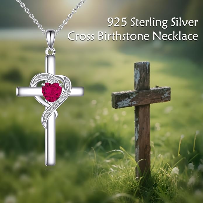 Cross Necklace for Women 925 Sterling Silver Infinity Love Heart Birthstone Pendant Necklace Cross Birthday Jewelry Gifts for Her
