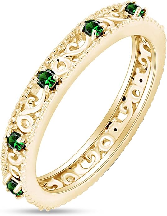 Jewel Zone US Filigree Eternity Wedding Band Ring for Women, Round Cut Simulated Gemstone Stackable Promise Ring in 14K Gold Plated 925 Sterling Silver Band Width 3.5mm – Elegant Jewelry for Her