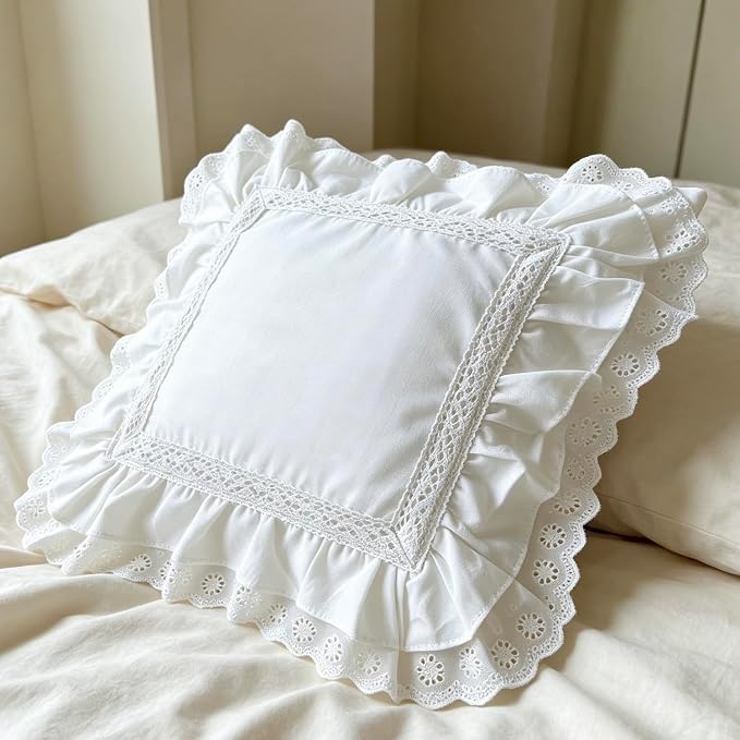 Zinowas26x26 White Ruffle Throw Pillow Covers Set of 2 Lace Pillow Shams 100% Cotton Handmade Pillowcase with Ruffles Decorative Decorative Ruffle Pillow Covers