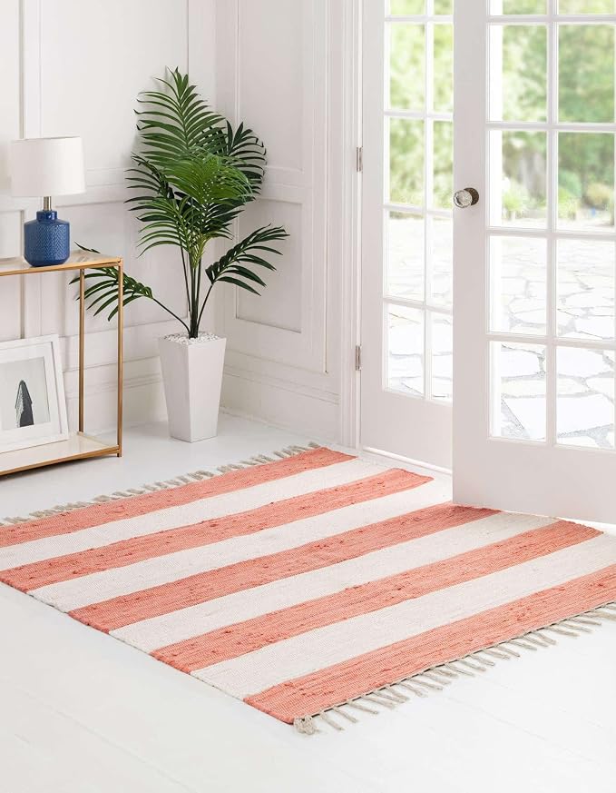 Unique Loom Chindi Rag Collection Area Rug - Striped (7' 10" Square, Coral and Ivory)