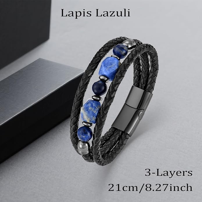 Mens Turquoise/Lapis Lazuli/Tiger Eye/Black Agate/Obsidian Leather Braided Bracelets for Father's Day/Birthdays/Graduation Jewelry Wristband Cuff Bracelet with Stainless Steel Clasp