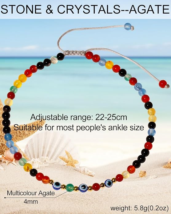 Evil Eye Ankle Bracelets for Women Beads Anklets Beach Accessiory Gemstone Healing Crystal Adjustable