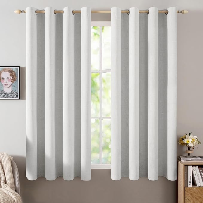 MIULEE Linen Textured Curtains for Bedroom Solid 100% Blackout Thermal Insulated Heathered White Grommet Room Darkening Curtains & Drapes Luxury Decor for Living Room 52 x 45 Inch (2 Panels)