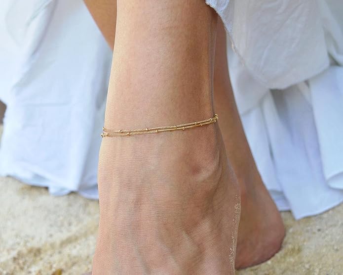 Pencros Dainty Layered Anklet,14K Gold Filled Cute Beads Satellite Chain Heart Boho Adjustable Anklets for Women
