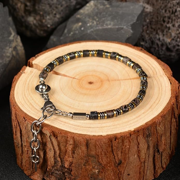 Nightfall Glow Hematite Bracelet for Men, Emperor Stone Beaded Bracelet, Handcrafted Original Design, Adjustable Stainless Steel Bracelet 6.89-8.8 Inch, Stackable Wrist Bracelet, Birthday Gift for Men Dad Boyfriend