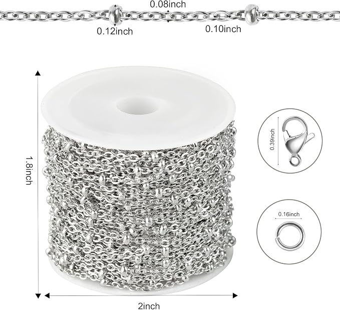 Kyutong Dainty Beaded Chain for Jewelry Making Silver Cable Chain Spool 304 Stainless Steel Chains Link for Women Men Making Jewelry Craft Finding Supplies