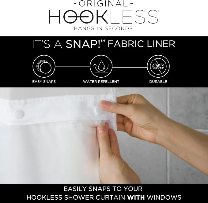 Hookless It’s A Snap! Waffle Shower Curtain, 3-in-1 Shower Curtain Includes Fabric Shower Curtain with Sheer Top Window, Flex-On Rings & Fabric Liner, 71” x 74”, Navy