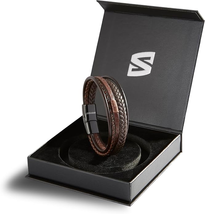 SERASAR | Premium Bracelet for Men in Genuine Black & Brown Leather | Magnetic Stainless Steel Clasp | Jewelry Box Included | Great Gift Idea