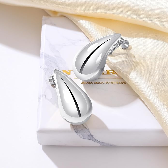 Gold Drop Clip On Earrings Dupes Teardrop Chunky Non Pierced Earring 14K Real Gold Plated Hypoallergenic Lightweight Earrings for Women（Gold and Silver）