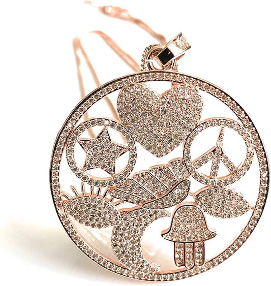 SIFRIMANIA Large Symbol Charm Necklace 18K Rose Gold Plated 18–20 Inch Adjustable Box Chain Round CZ Statement Pendant