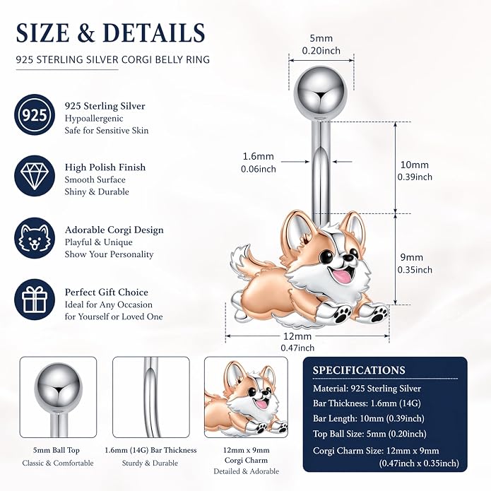 Sterling Silver 14G Belly Button Rings Cross/Cat/Butterfly/Cow/Skull/Birthstone Heart Navel Rings 16mm Body Piercing Jewelry for Women