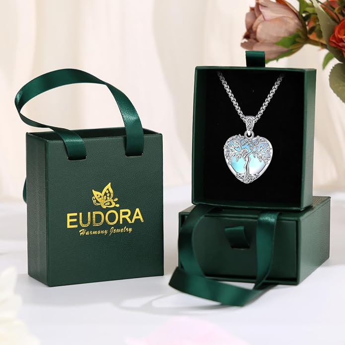 EUDORA Tree of Life Necklace with Moonstone Amethyst Obsidian Turquoise Healing Crystal for Women, Silver Plated Copper Mother Tree of Life Pendant Amulet Energy Jewelry, Gift for Women Mom, 20"+2"