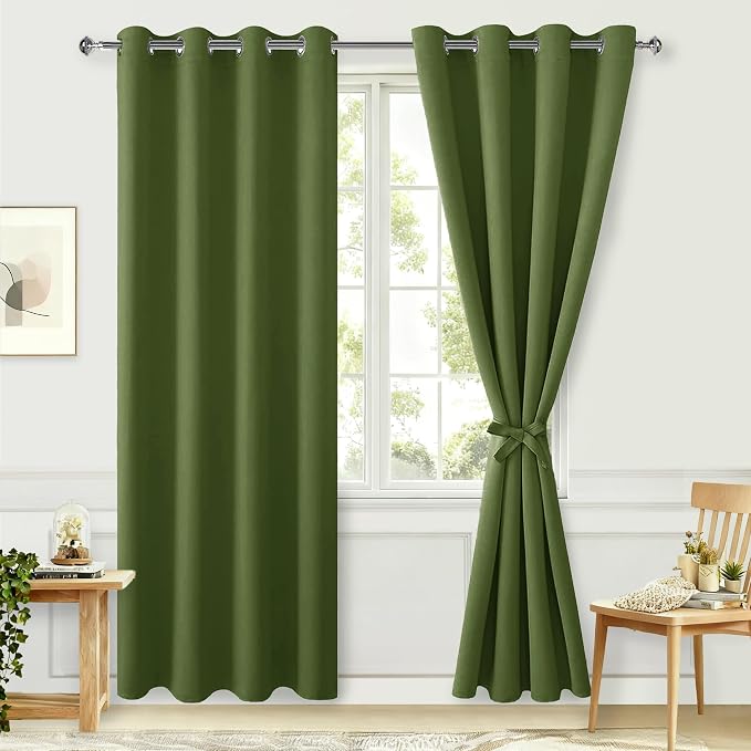 Hiasan Blackout Curtains for Bedroom, 52 x 96 Inches Long - Thermal Insulated & Energy Saving Window Curtains for Living Room, 2 Drape Panels Sewn with Tiebacks, Olive Green
