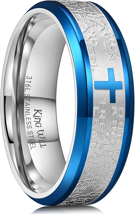King Will Stainless Steel Men Ring Lord's Prayer Cross Ring Stainless Steel Men Wedding Ring, Wedding Band Bible Engraved Rings High Polished, Comfort Fit