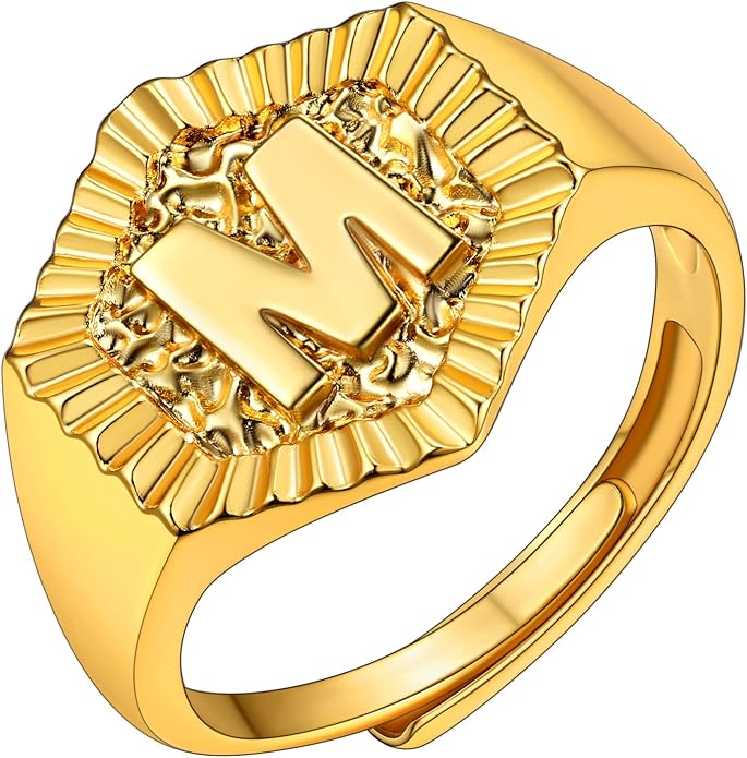 KeyStyle Bold Initial Letter Rings Adjustable, GoldChic Jewelry Women Gold Statement Ring Personalized Engraved Women’s Open Signet Ring for Party (Gold, White Gold, Black)